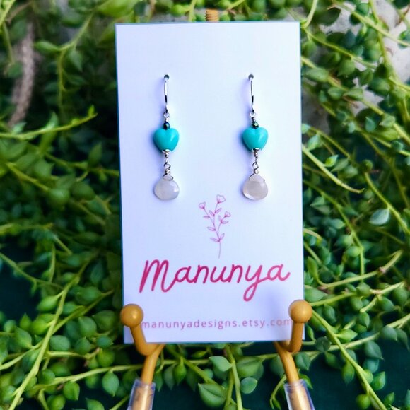 Heart Earrings with Semi-Precious Stones - Pink, Purple, Aqua, Blue - Picture 11 of 14